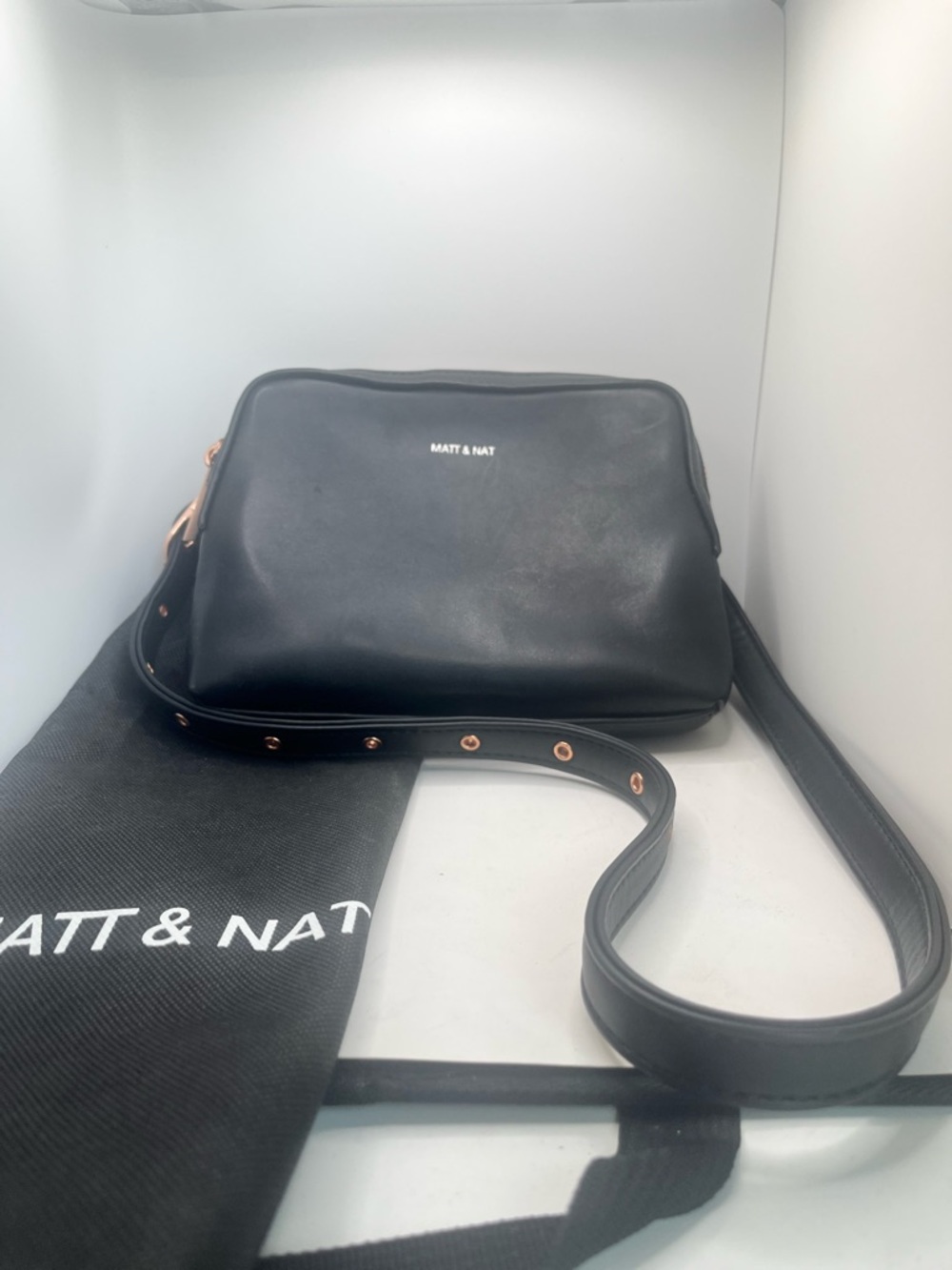 Matt & Nat Black Vegan Leather Shoulder Bag with Rose Gold Accents